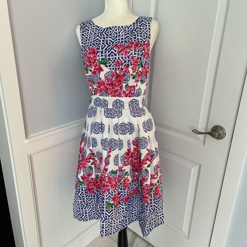 Talbots White and Blue Fit and Flare Midi Dress
